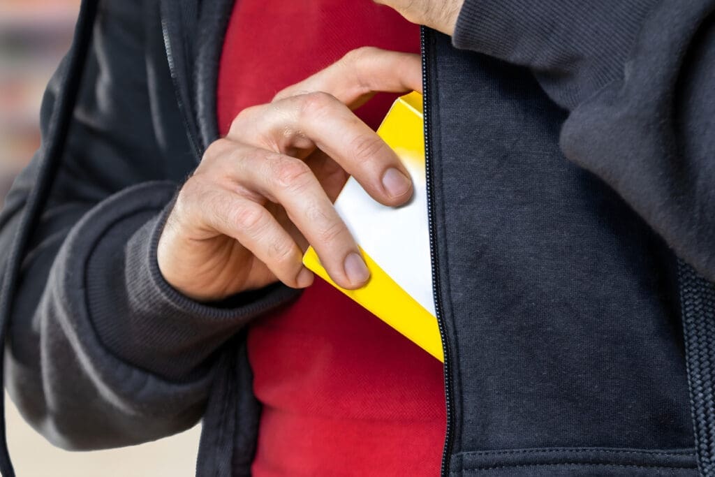 Resident concealing a delivered package inside a jacket, illustrating theft risks that make it harder to streamline package delivery in residential buildings without secure systems.