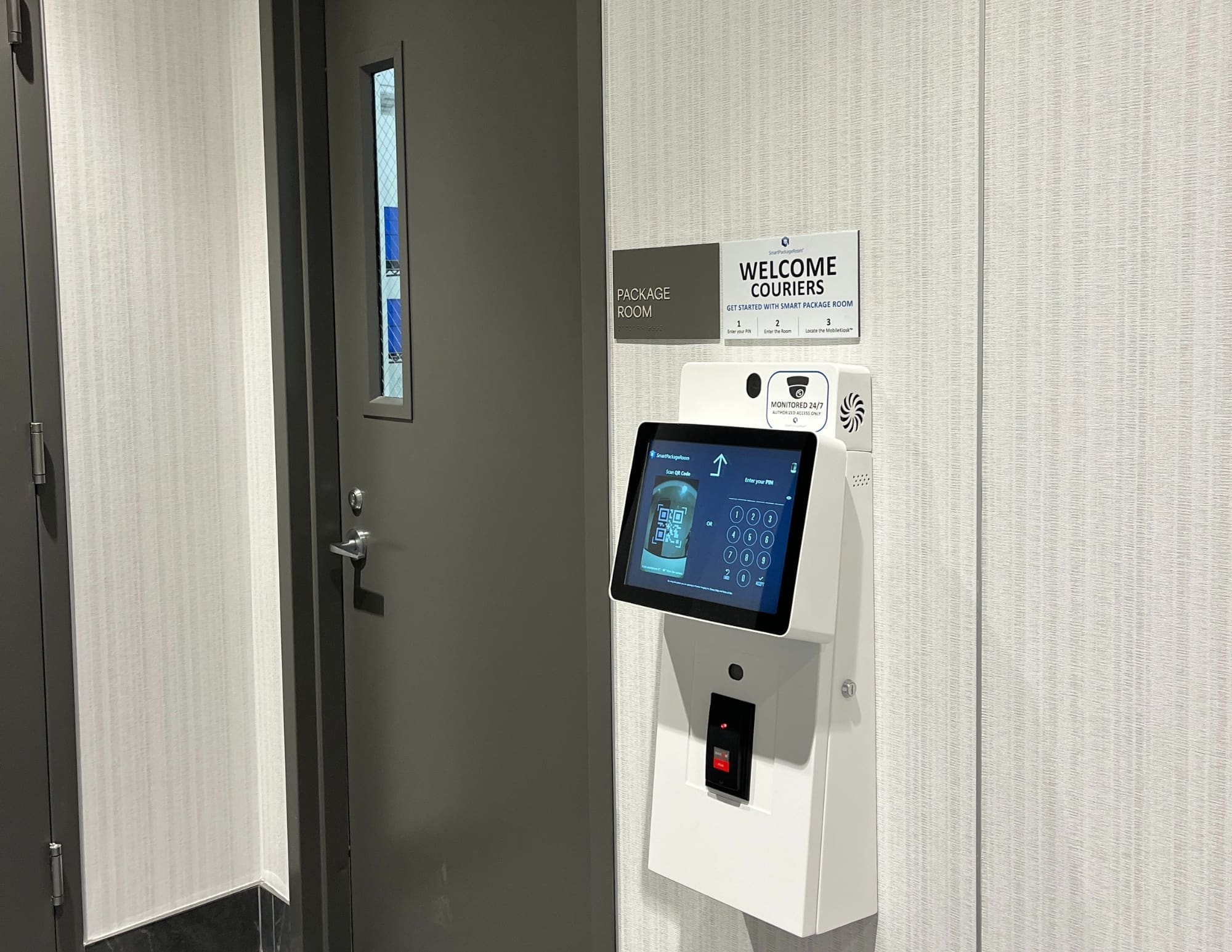 IMG_5127 Smart Package Room access kiosk outside the secure package room, illustrating how to streamline package delivery in residential buildings with automated access and tracking.
